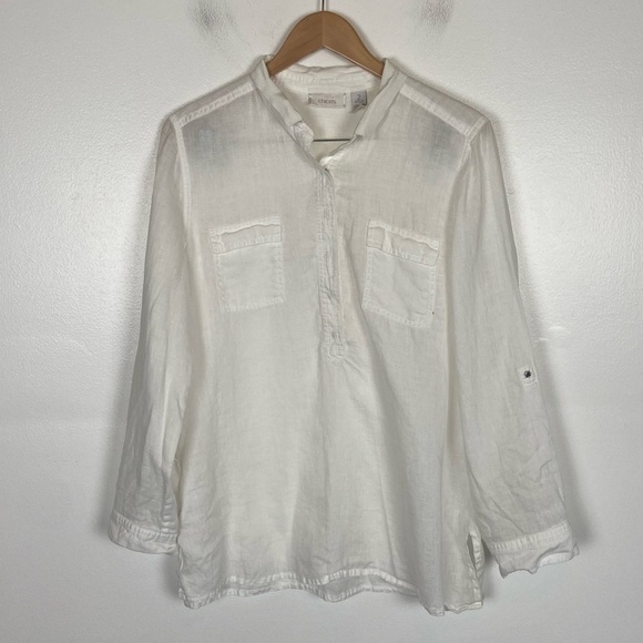 Chico's Lagenlook Linen Top Size 2 US L White Roll Tab Sleeves Henley Neck Beach - Picture 1 of 13